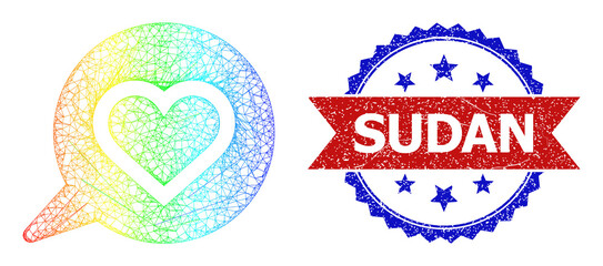 Net mesh love heart message framework icon with spectral gradient, and bicolor dirty Sudan seal stamp. Red stamp seal has Sudan caption inside blue rosette.