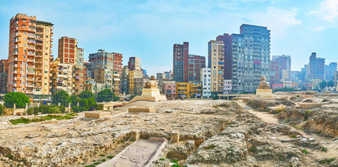 Panorama of ancient Serapeum ruins with Roman Bath site, Alexandria, Egypt