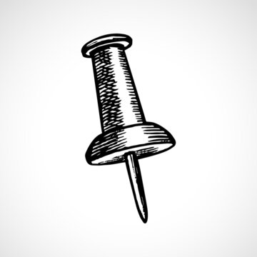 Push Pin Hand Drawn Illustration. Office Tools Vector Graphic Pictogram Symbol Clip Art. Doodle Sketch Black Sign.