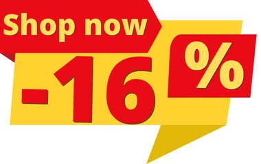 16% off, shop now (yellow speech bubble design with red discount banner) 