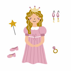 Cute little princess in a pink dress and a crown on a white background. Vector illustration for nursery and textile design