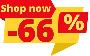 66% off, shop now (yellow speech bubble design with red discount banner) 