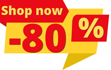 80% off, shop now (yellow speech bubble design with red discount banner) 