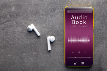 Streaming service. Listen audiobook online concept, online music player app on smartphone - 508308782