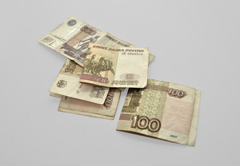 bunch of rubles banknotes on grey background