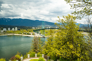 View of the Lions Gate Bridge from Prospect Point Lookout on The Stanley Park Seawall in Vancouver, Canada