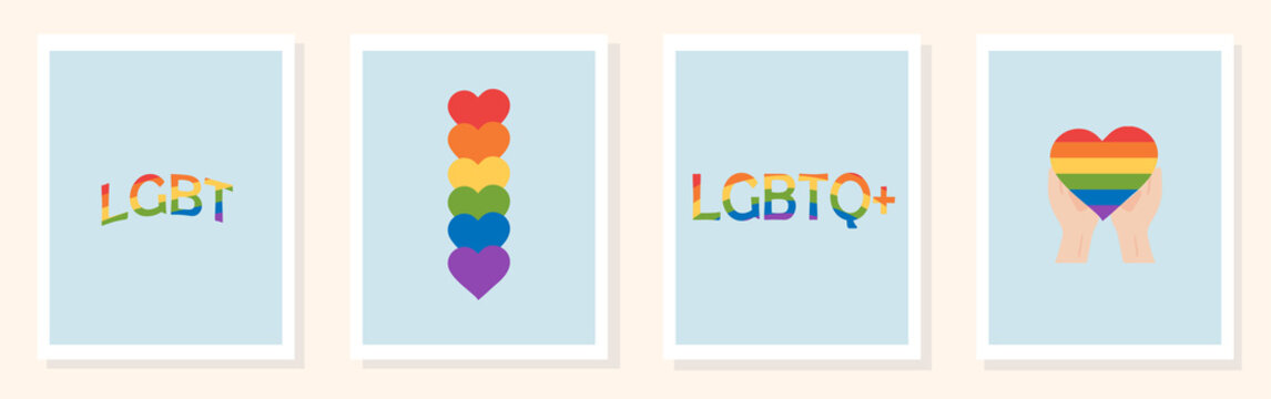 LGBT Pride Month, vector set of cards, rainbow flag, heart and love LGBTQ.
