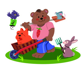 Bear and his animal friends go to work in garden with special tools.	