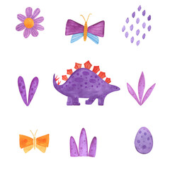 Watercolor cartoon dino illustration. Vector decorative set