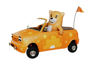 3d rendering cartoon bear on a car, driving bear, orange car, kid child illustration side view