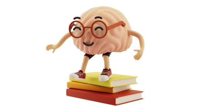 3d rendered brain character jump, red shoes, red glasses, 3d character, kids children 3d illustration, kids educational design, graphic design, colorful books 