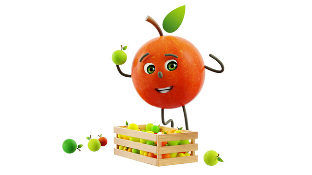 3d rendered apple character, funny apple, red standing apple, smile, character holding an apple, cartoon character