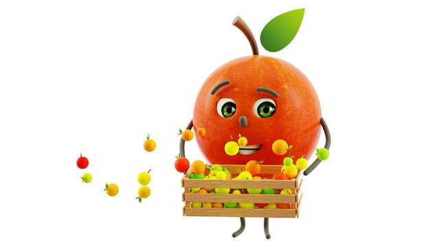 3d rendered apple character, funny apple, red standing apple, smile, character with a wooden box, cartoon character