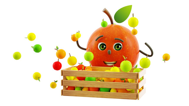 3d rendered apple character, funny apple, red standing apple, smile, character with a wooden box, cartoon character