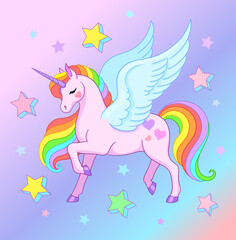 Cute unicorn with rainbow mane. Vector illustration with gradient background