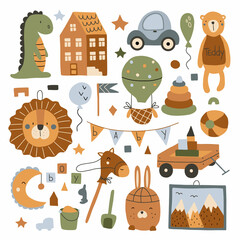 A set of children's toys for a boy. Cute funny toys for little kids. Isolated vector illustration in boho style in warm colors.