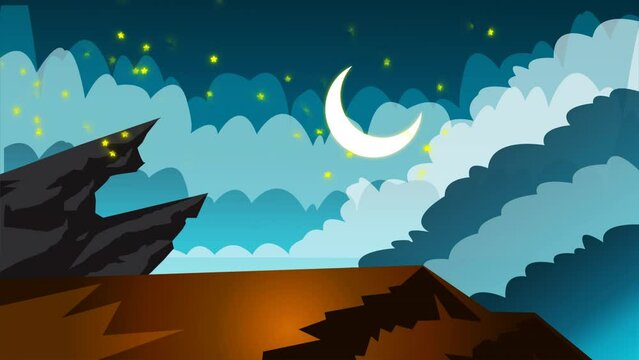 Flat 2D animation of twinkling stars, nigh-time theme mountain cliff shot. 4K UHD resolution.