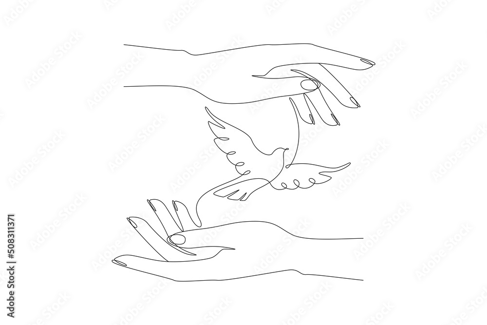 Aufkleber One continuous drawing of flying white dove in caring hands. Bird symbol of peace and freedom concept in simple linear style. Editable stroke. Doodle vector illustration