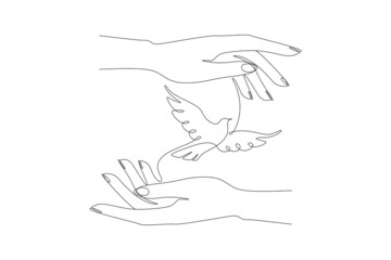 One continuous drawing of flying white dove in caring hands. Bird symbol of peace and freedom concept in simple linear style. Editable stroke. Doodle vector illustration