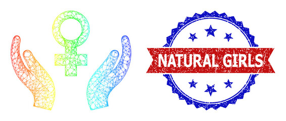 Net mesh female care framework icon with rainbow gradient, and bicolor unclean Natural Girls seal stamp. Red stamp seal contains Natural Girls text inside blue rosette.