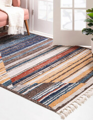 Modern geometric multicolour living area interior room rug texture design.