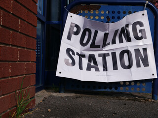Polling station for British political election medium shot