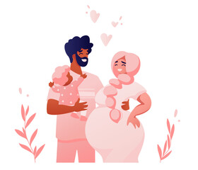 Happy Family on floral background. Young man hugs his pretty pregnant wife while holding elder child. Concept of happy family relations filled with love and compassion. Flat vector illustration.
