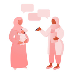Muslim mother with child visiting doctor for health checkup and consultation. Flat vector illustration isolated on white background.
