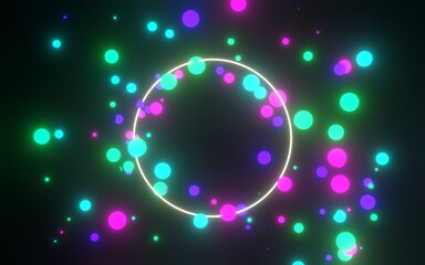 Abstract background multicolor neon balls flying in black space 3d render