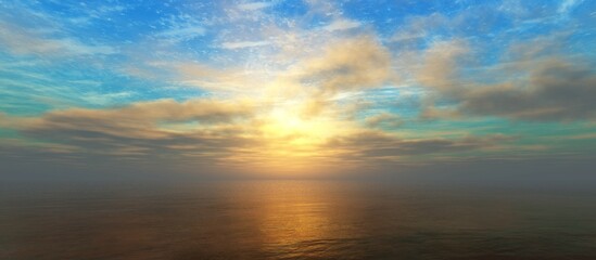 Naklejka na ściany i meble Sea sunset, ocean sunrise, sun over water surface, 3d rendering