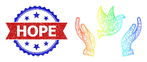 Mesh net dove care hands framework icon with rainbow gradient, and bicolor grunge Hope seal stamp. Red stamp seal has Hope text inside blue rosette. Vibrant carcass mesh dove care hands icon.