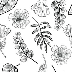 Seamless pattern of decorative flowers and leaves. Vector stock illustration eps10.
