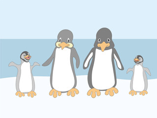 Obraz premium Family of penguins on the beach isolated cartoon styleTwo adult penguins and two penguin chicks. Funny illustration on the theme of mom dad kids son daughter. 