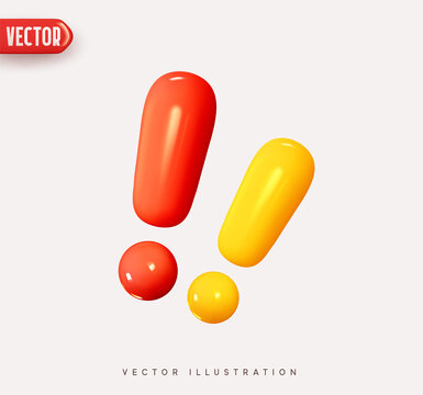 Exclamation sign red and yellow colors. Realistic 3d symbol icon design. Vector illustration
