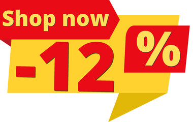 12% off, shop now (yellow speech bubble design with red discount banner) 