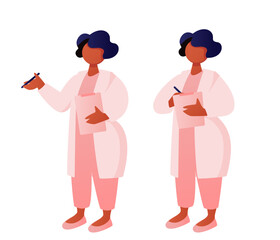 Character of African American female doctor working on treatment recommendations. Discussing and making notes in medical notebook.  Vector illustration isolated on white background. 