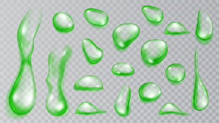Set of realistic translucent water drops in green colors in various shape and size, isolated on transparent background. Transparency only in vector format