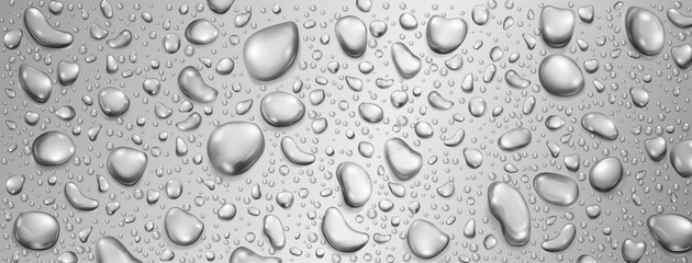 Background of big and small realistic water drops in gray colors