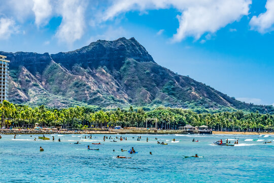 Colorful Waikiki Beach Surfers Swimmers Diamond Head Honolulu Hawaii