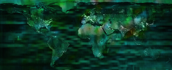 World map in green futuristic style. Sea of information - rectangles on oceans as dynamic concept...