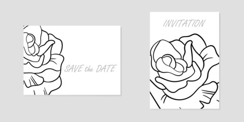 Elegant Minimalist template wedding invitation card. Floral black line art ink drawing. Vip cover template, save the date design