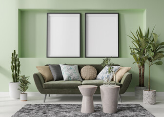 Two empty vertical picture frames on green wall in modern living room. Mock up interior in contemporary, scandinavian style. Free space for picture, poster. Sofa, table, carpet, plants. 3D rendering.