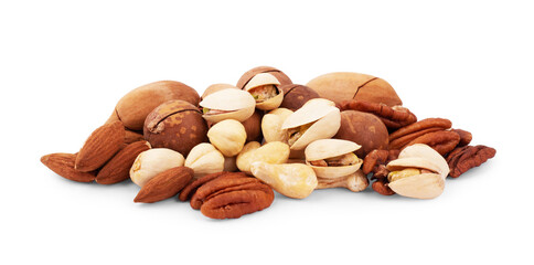 Assortment of tasty nuts on white background