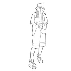 Beautiful slender girl  with a phone. vector illustration. Fashion and style, stylish look.adult coloring. Color Therapy. Coloring Pages