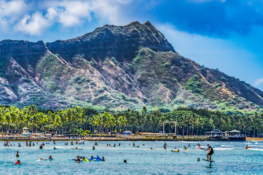 Colorful Waikiki Beach Diamond Head Hydrofoil Surfer Swimmers Honolulu Hawaii