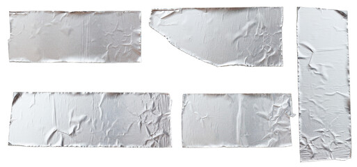 Torn horizontal and different size silver glossy sticky tape, sticky pieces isolated on white background. Set of silver tapes.