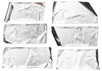 Torn horizontal and different size silver glossy sticky tape, sticky pieces isolated on white background. Set of silver tapes.