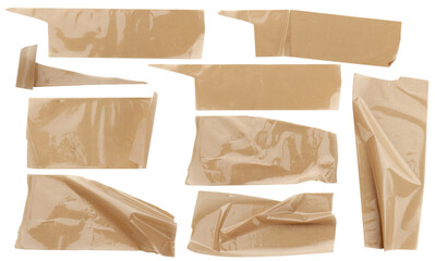 Torn horizontal and different size glossy beige sticky tape, sticky pieces on white background. Set of glossy beige tapes.