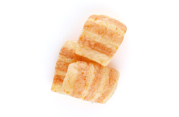 Chips salty bacon snack close up, on white background. Top view.