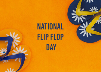 Blue men's and yellow women's beach slippers on an orange background. National flip flops day...
